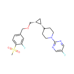 CS(=O)(=O)c1ccc(COC[C@@H]2C[C@@H]2C2CCN(c3ncc(F)cn3)CC2)cc1F ZINC000473136991