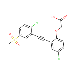 CS(=O)(=O)c1ccc(Cl)c(C#Cc2cc(Cl)ccc2OCC(=O)O)c1 ZINC000073166255