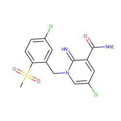 CS(=O)(=O)c1ccc(Cl)cc1Cn1cc(Cl)cc(C(N)=O)c1=N ZINC000115695574