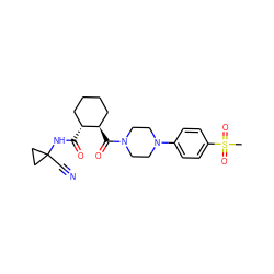 CS(=O)(=O)c1ccc(N2CCN(C(=O)[C@@H]3CCCC[C@H]3C(=O)NC3(C#N)CC3)CC2)cc1 ZINC000095555479