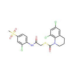 CS(=O)(=O)c1ccc(NC(=O)CSC(=O)N2CCCc3cc(Cl)cc(Cl)c32)c(Cl)c1 ZINC000049016107