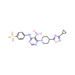 CS(=O)(=O)c1ccc(Nc2ncnc(N3CCC(c4nc(C5CC5)no4)CC3)c2[N+](=O)[O-])cc1 ZINC000040846106