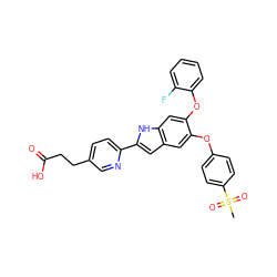 CS(=O)(=O)c1ccc(Oc2cc3cc(-c4ccc(CCC(=O)O)cn4)[nH]c3cc2Oc2ccccc2F)cc1 ZINC000209680462