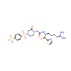 CS(=O)(=O)c1ccc(S(=O)(=O)N2CCN(CC(=O)N[C@@H](CCCN=C(N)N)C(=O)c3nccs3)C(=O)C2)cc1 ZINC000027763749