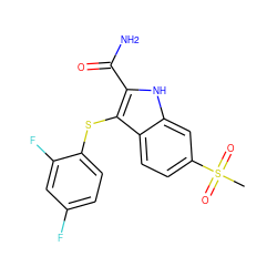 CS(=O)(=O)c1ccc2c(Sc3ccc(F)cc3F)c(C(N)=O)[nH]c2c1 ZINC000028380195