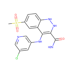 CS(=O)(=O)c1ccc2c(c1)C(Nc1cncc(Cl)c1)=C(C(N)=O)NN2 ZINC000045352539