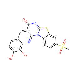 CS(=O)(=O)c1ccc2c(c1)SC1=NC(=O)/C(=C/c3ccc(O)c(O)c3)C(=N)N12 ZINC000013655851