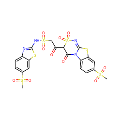 CS(=O)(=O)c1ccc2c(c1)SC1=NS(=O)(=O)C(C(=O)CS(=O)(=O)Nc3nc4ccc(S(C)(=O)=O)cc4s3)C(=O)N12 ZINC000003923796