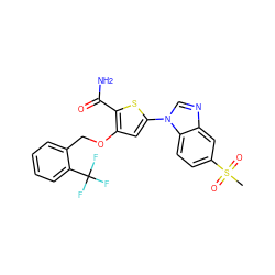 CS(=O)(=O)c1ccc2c(c1)ncn2-c1cc(OCc2ccccc2C(F)(F)F)c(C(N)=O)s1 ZINC000040412980