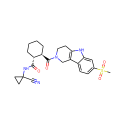 CS(=O)(=O)c1ccc2c3c([nH]c2c1)CCN(C(=O)[C@@H]1CCCC[C@H]1C(=O)NC1(C#N)CC1)C3 ZINC000095552483