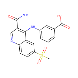 CS(=O)(=O)c1ccc2ncc(C(N)=O)c(Nc3cccc(C(=O)O)c3)c2c1 ZINC000040867193