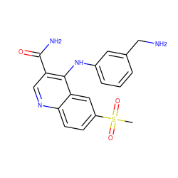 CS(=O)(=O)c1ccc2ncc(C(N)=O)c(Nc3cccc(CN)c3)c2c1 ZINC000040872726