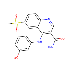 CS(=O)(=O)c1ccc2ncc(C(N)=O)c(Nc3cccc(O)c3)c2c1 ZINC000040874358