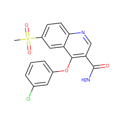 CS(=O)(=O)c1ccc2ncc(C(N)=O)c(Oc3cccc(Cl)c3)c2c1 ZINC000040874340