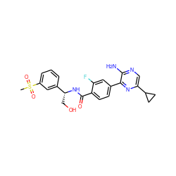 CS(=O)(=O)c1cccc([C@@H](CO)NC(=O)c2ccc(-c3nc(C4CC4)cnc3N)cc2F)c1 ZINC001772637991