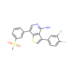 CS(=O)(=O)c1cccc(-c2cnc(N)c3c(-c4ccc(F)c(Cl)c4)csc23)c1 ZINC000028884803