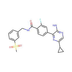 CS(=O)(=O)c1cccc(CNC(=O)c2ccc(-c3nc(C4CC4)cnc3N)cc2F)c1 ZINC001772574390