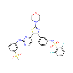 CS(=O)(=O)c1cccc(Nc2nccc(-c3sc(N4CCOCC4)nc3-c3cccc(NS(=O)(=O)c4c(F)cccc4F)c3)n2)c1 ZINC000263620900