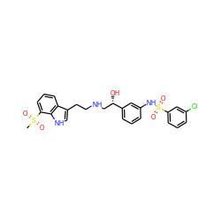 CS(=O)(=O)c1cccc2c(CCNC[C@H](O)c3cccc(NS(=O)(=O)c4cccc(Cl)c4)c3)c[nH]c12 ZINC000028384349