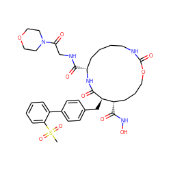 CS(=O)(=O)c1ccccc1-c1ccc(C[C@H]2C(=O)N[C@H](C(=O)NCC(=O)N3CCOCC3)CCCCNC(=O)OCCC[C@@H]2C(=O)NO)cc1 ZINC000027073656