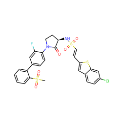 CS(=O)(=O)c1ccccc1-c1ccc(N2CC[C@@H](NS(=O)(=O)/C=C/c3cc4ccc(Cl)cc4s3)C2=O)c(F)c1 ZINC000028979541