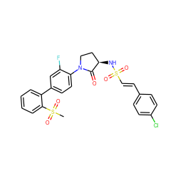 CS(=O)(=O)c1ccccc1-c1ccc(N2CC[C@@H](NS(=O)(=O)/C=C/c3ccc(Cl)cc3)C2=O)c(F)c1 ZINC000028979549