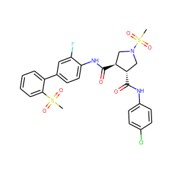 CS(=O)(=O)c1ccccc1-c1ccc(NC(=O)[C@H]2CN(S(C)(=O)=O)C[C@@H]2C(=O)Nc2ccc(Cl)cc2)c(F)c1 ZINC000058591376