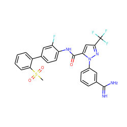 CS(=O)(=O)c1ccccc1-c1ccc(NC(=O)c2cc(C(F)(F)F)nn2-c2cccc(C(=N)N)c2)c(F)c1 ZINC000027638238