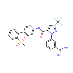 CS(=O)(=O)c1ccccc1-c1ccc(NC(=O)c2cc(C(F)(F)F)nn2-c2cccc(C(=N)N)c2)cc1 ZINC000027651651