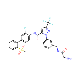 CS(=O)(=O)c1ccccc1-c1ccc(NC(=O)c2cc(C(F)(F)F)nn2-c2cccc(CNC(=O)CN)c2)c(F)c1 ZINC000049766468