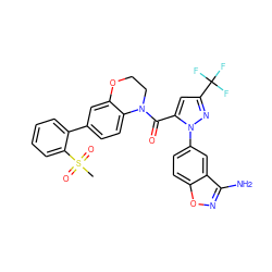 CS(=O)(=O)c1ccccc1-c1ccc2c(c1)OCCN2C(=O)c1cc(C(F)(F)F)nn1-c1ccc2onc(N)c2c1 ZINC000028959501