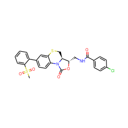 CS(=O)(=O)c1ccccc1-c1ccc2c(c1)SC[C@H]1[C@H](CNC(=O)c3ccc(Cl)cc3)OC(=O)N21 ZINC000299828982