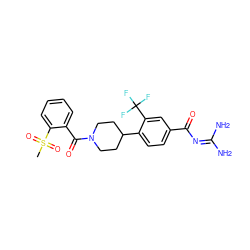 CS(=O)(=O)c1ccccc1C(=O)N1CCC(c2ccc(C(=O)N=C(N)N)cc2C(F)(F)F)CC1 ZINC000095554132