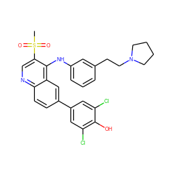 CS(=O)(=O)c1cnc2ccc(-c3cc(Cl)c(O)c(Cl)c3)cc2c1Nc1cccc(CCN2CCCC2)c1 ZINC000203982822