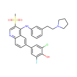 CS(=O)(=O)c1cnc2ccc(-c3cc(F)c(O)c(Cl)c3)cc2c1Nc1cccc(CCN2CCCC2)c1 ZINC000114036794