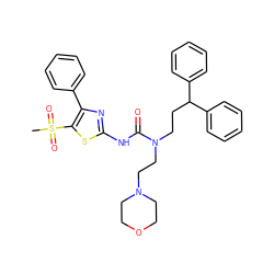 CS(=O)(=O)c1sc(NC(=O)N(CCC(c2ccccc2)c2ccccc2)CCN2CCOCC2)nc1-c1ccccc1 ZINC000103253801