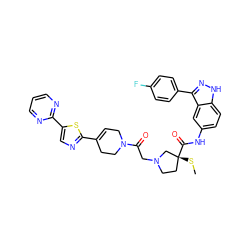 CS[C@@]1(C(=O)Nc2ccc3[nH]nc(-c4ccc(F)cc4)c3c2)CCN(CC(=O)N2CC=C(c3ncc(-c4ncccn4)s3)CC2)C1 ZINC000165588255