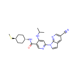 CS[C@H]1CC[C@H](NC(=O)c2cnc(-n3ccc4cc(C#N)cnc43)cc2NC(C)C)CC1 ZINC001772608147