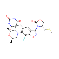 CSC[C@H]1COC(=O)N1c1noc2c(F)c3c(cc12)CC1(C(=O)NC(=O)NC1=O)[C@H]1[C@H](C)O[C@H](C)CN31 ZINC000145783832