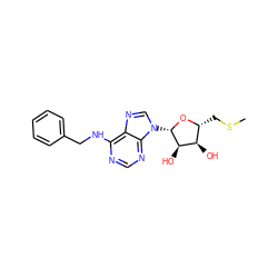 CSC[C@H]1O[C@@H](n2cnc3c(NCc4ccccc4)ncnc32)[C@H](O)[C@@H]1O ZINC000003985920