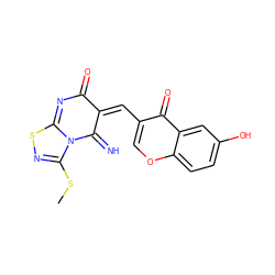 CSC1=NSC2=NC(=O)/C(=C/c3coc4ccc(O)cc4c3=O)C(=N)N12 ZINC000005420286