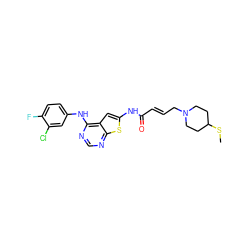 CSC1CCN(C/C=C/C(=O)Nc2cc3c(Nc4ccc(F)c(Cl)c4)ncnc3s2)CC1 ZINC000169311843