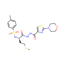 CSCC[C@@H](NS(=O)(=O)c1ccc(C)cc1)C(=O)NNC(=O)c1csc(N2CCOCC2)n1 ZINC000015934955