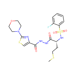 CSCC[C@@H](NS(=O)(=O)c1ccccc1F)C(=O)NNC(=O)c1csc(N2CCOCC2)n1 ZINC000023079931