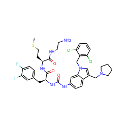 CSCC[C@H](NC(=O)[C@H](Cc1ccc(F)c(F)c1)NC(=O)Nc1ccc2c(CN3CCCC3)cn(Cc3c(Cl)cccc3Cl)c2c1)C(=O)NCCN ZINC000095610220