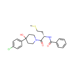 CSCC[C@H](NC(=O)c1ccccc1)C(=O)N1CCC(O)(c2ccc(Cl)cc2)CC1 ZINC000095579819