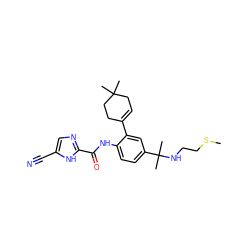 CSCCNC(C)(C)c1ccc(NC(=O)c2ncc(C#N)[nH]2)c(C2=CCC(C)(C)CC2)c1 ZINC000146899522