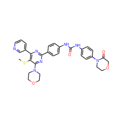 CSc1c(-c2cccnc2)nc(-c2ccc(NC(=O)Nc3ccc(N4CCOCC4=O)cc3)cc2)nc1N1CCOCC1 ZINC000144185349