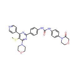 CSc1c(-c2ccncc2)nc(-c2ccc(NC(=O)Nc3ccc(N4CCOCC4=O)cc3)cc2)nc1N1CCOCC1 ZINC000118179226