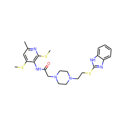 CSc1cc(C)nc(SC)c1NC(=O)CN1CCN(CCSc2nc3ccccc3[nH]2)CC1 ZINC000022445504